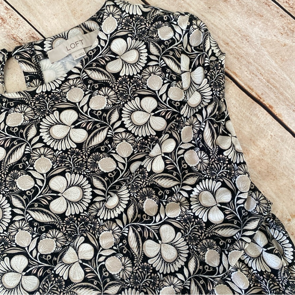LOFT Black and White Floral Women's A-line Dress 3/4 Sleeve Size Large